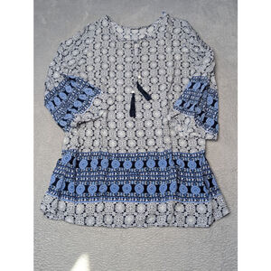Women's Boho Tunic Top L White Blue Patterned Tassels